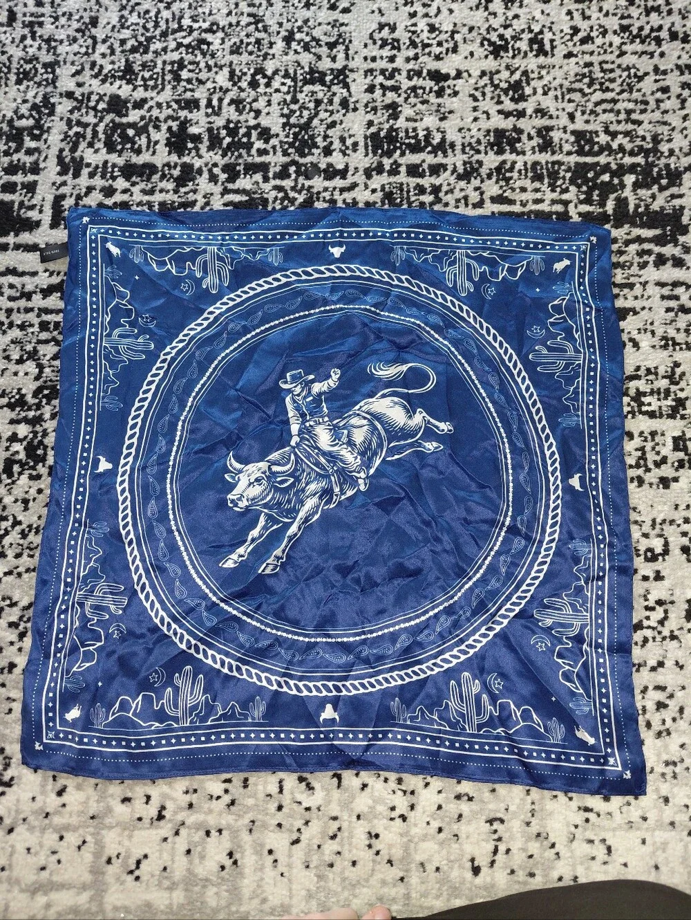 100% Silk Western Bucking Bull Bandana Scarf | Blue & White Wild Rag CC